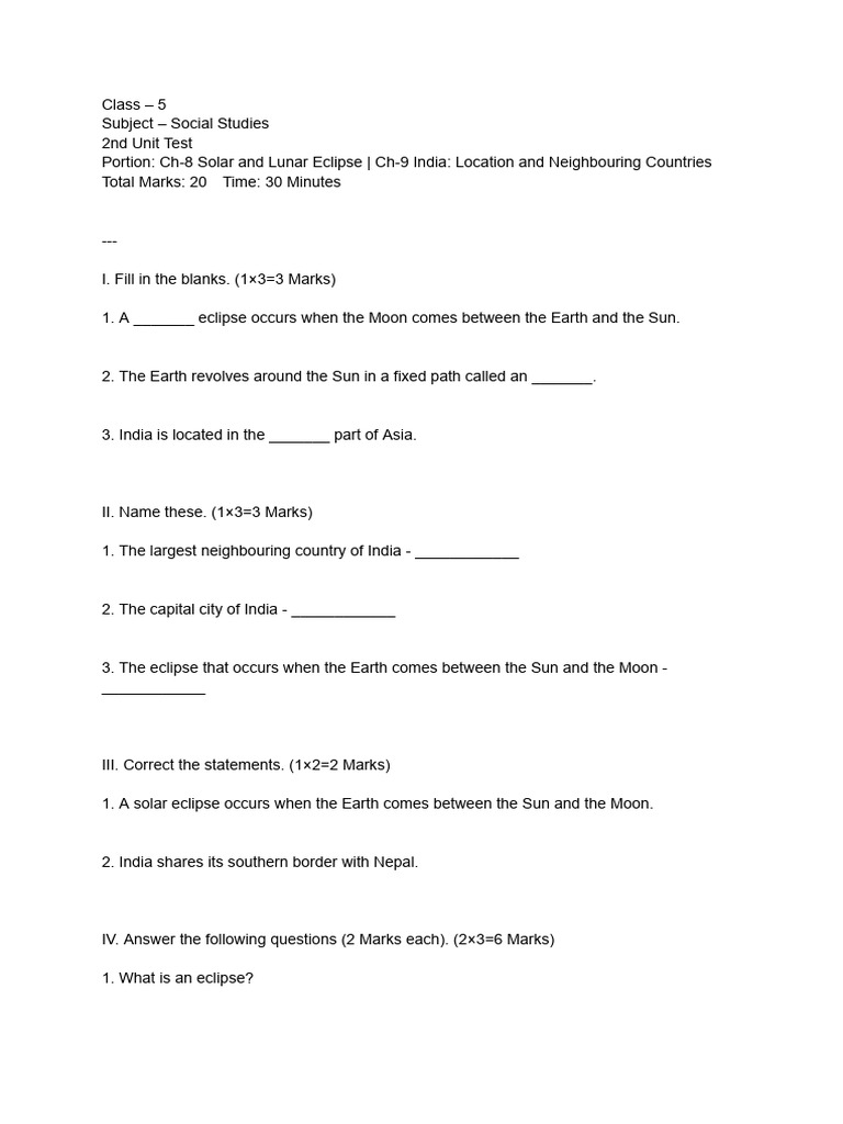 Class - 5 SST Test | PDF