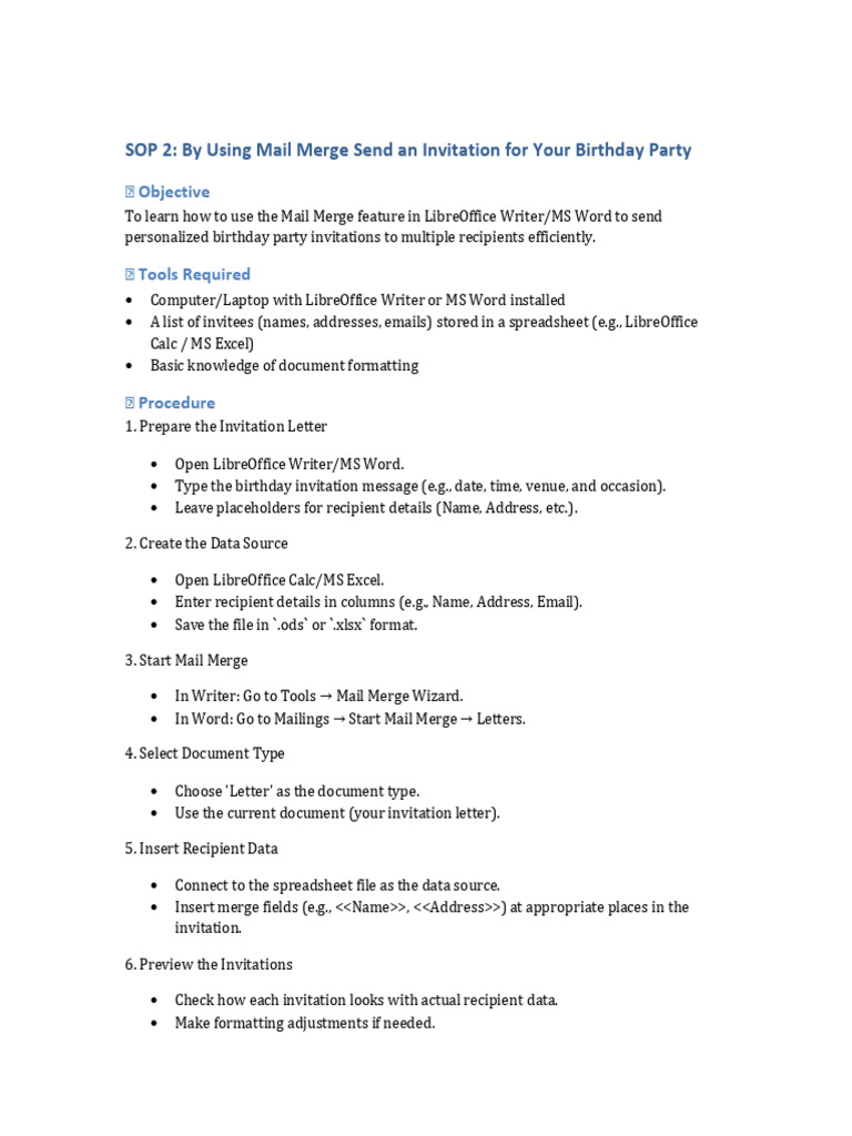 SOP 2 MailMerge BirthdayInvitation | PDF