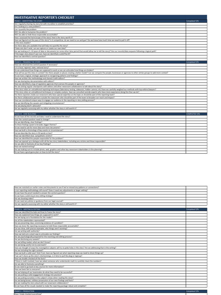 MarkKatches - Investigative Reporting Checklist - XLSX - Sheet1 | PDF