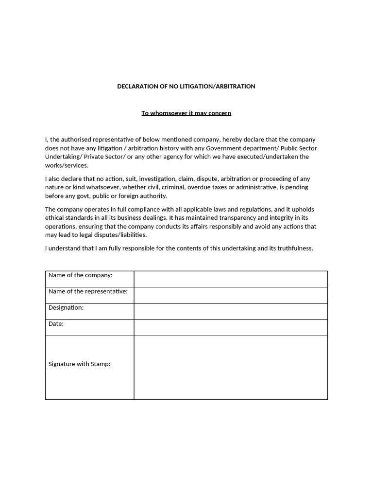 Declaration Format (On Letter Head) | PDF