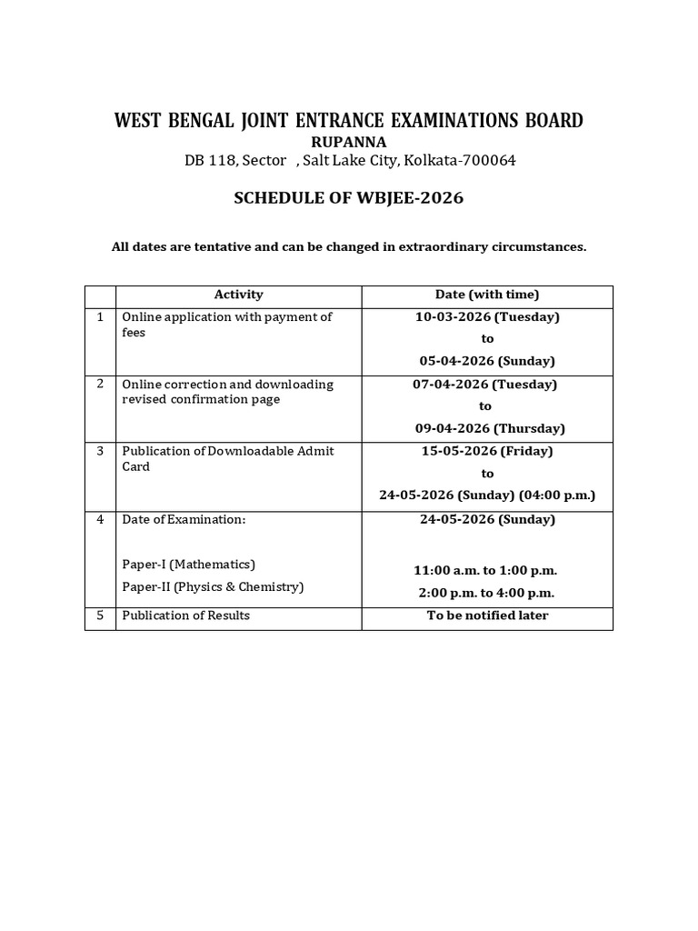 Time Table WBJEE-2026 | PDF