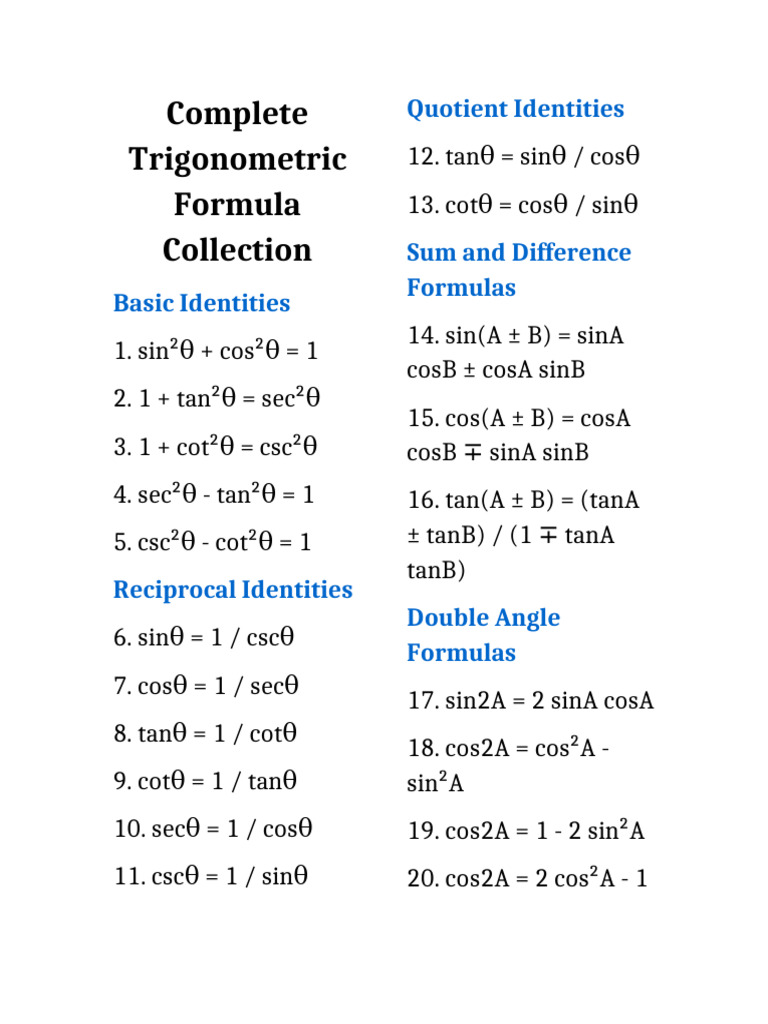 Trigonometry Full Formulas Charts With Tables | PDF | Trigonometry ...