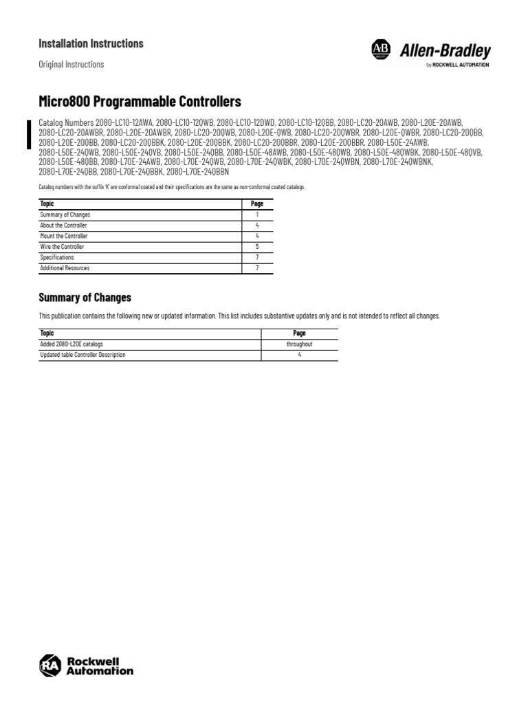 Micro800 Programmable Controllers: Installation Instructions | PDF