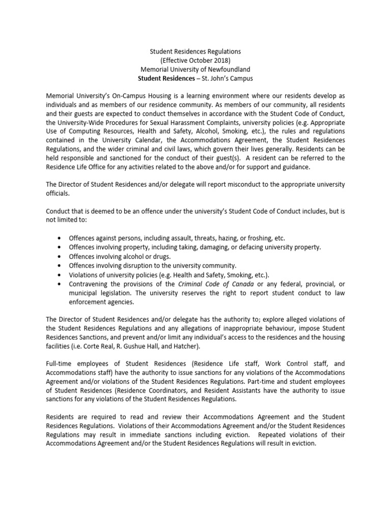 Student Residences Regulations 2018 | PDF