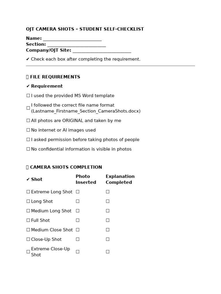 Ojt Camera Shots Student Self Checklist | PDF
