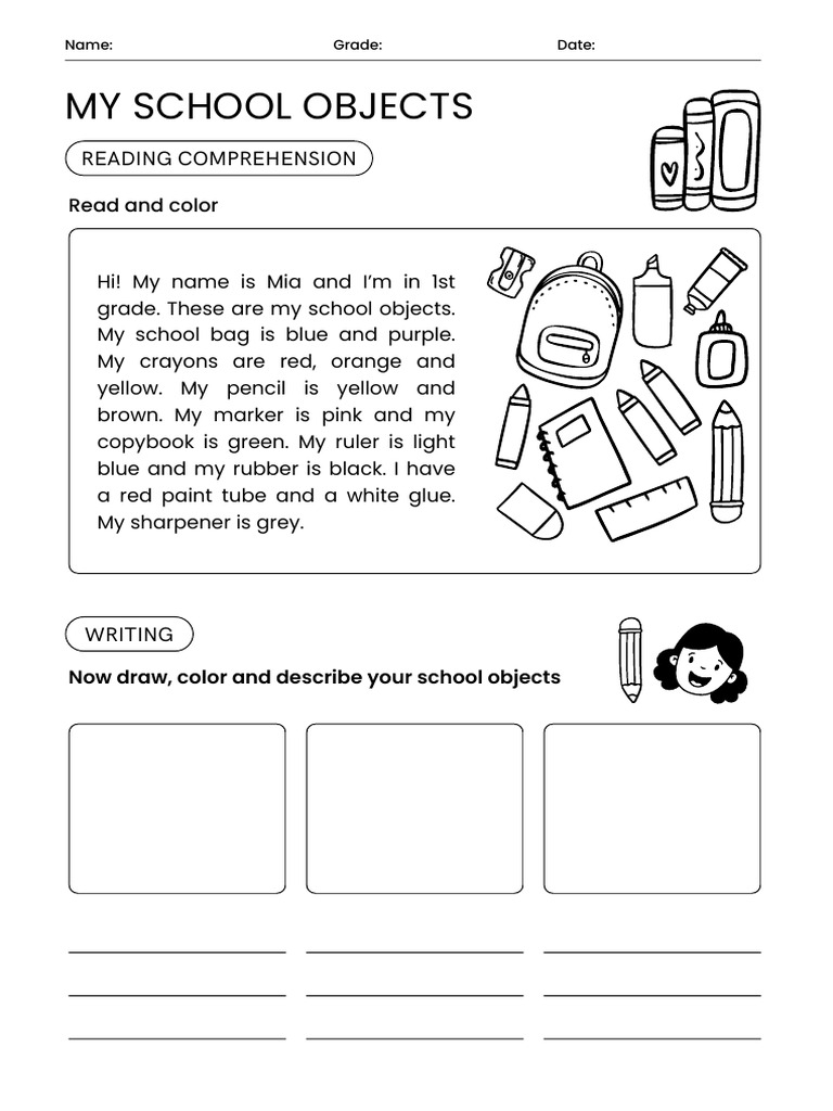 My School Objects Reading Comprehension Activity Worksheet | PDF
