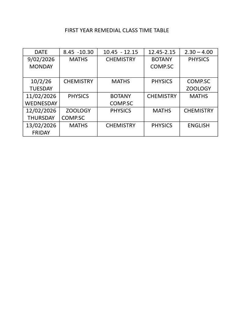 First Year Remedial Class Time Table | PDF
