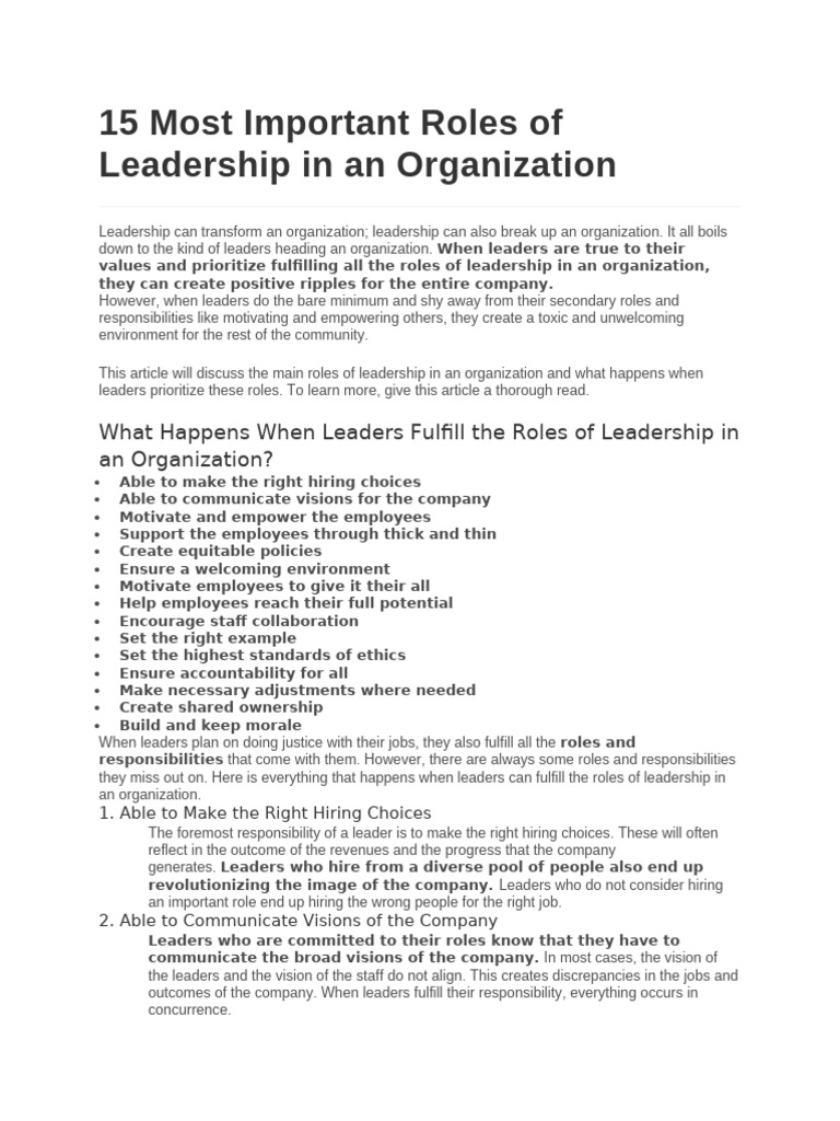 Roles of Leadership in An Organization | PDF | Leadership | Behavioural ...
