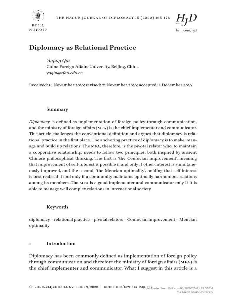 The Hague Journal of Diplomacy) Diplomacy As Relational Practice | PDF ...