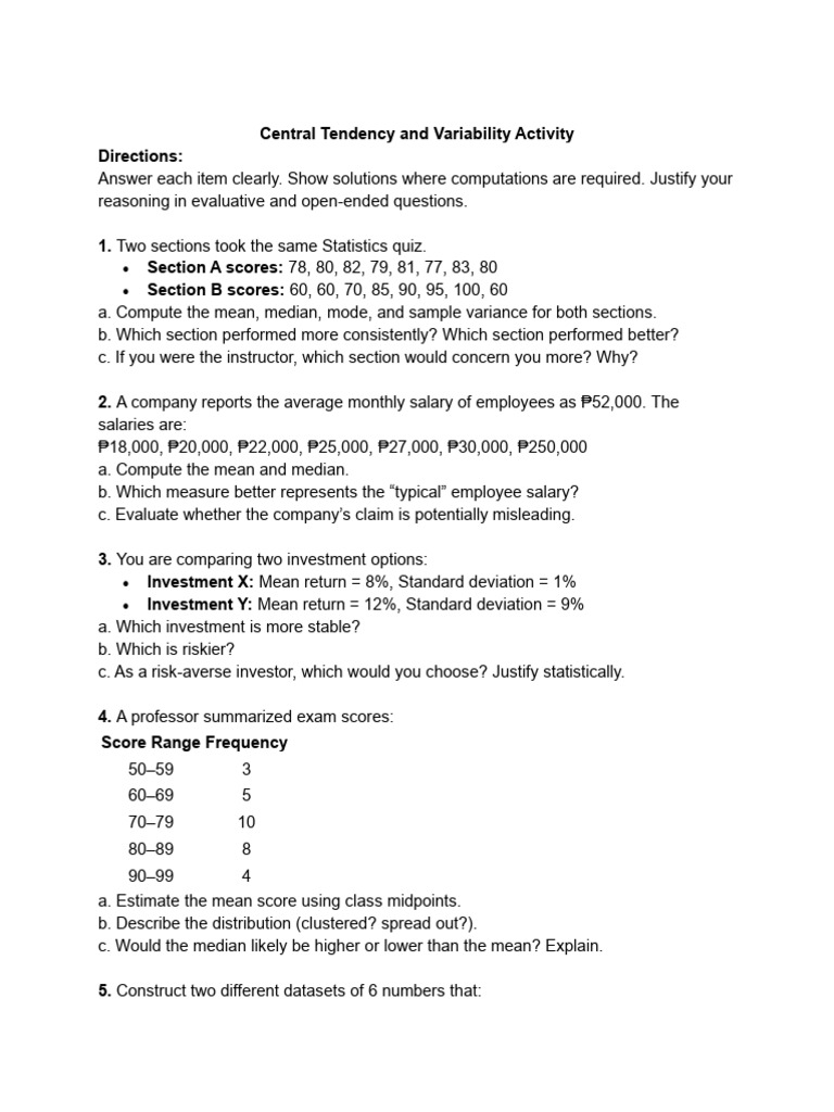 Central Tendency and Variability Activity | PDF | Statistical ...