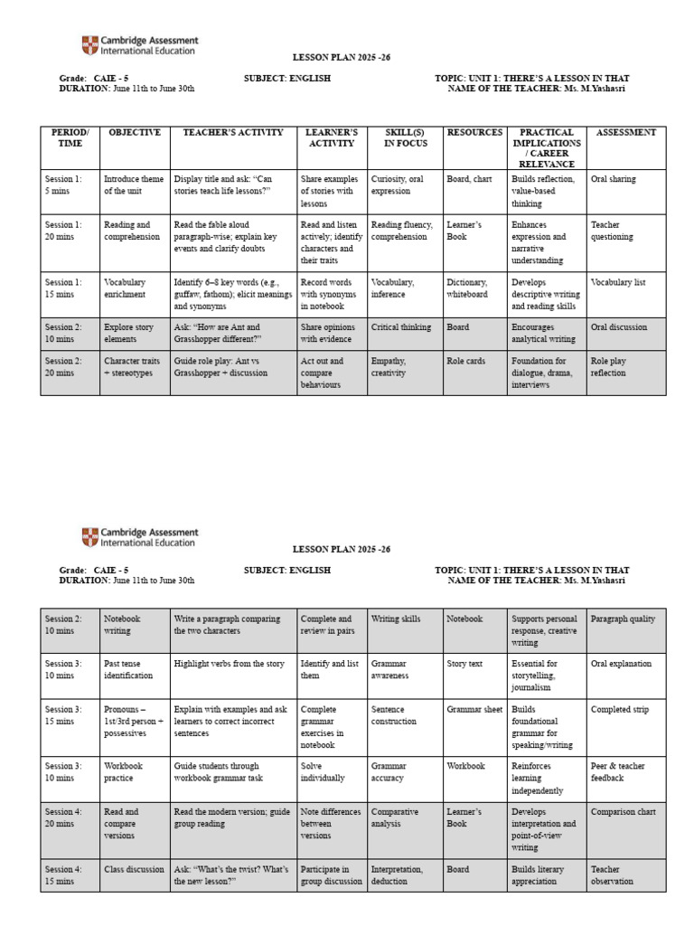 June - Theres A Lesson in That - CAIE - 5 - English Lesson Plan | PDF ...