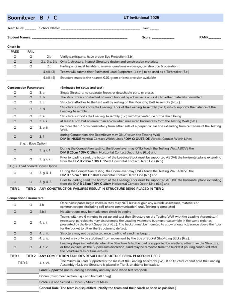 Boomilever Checklist - 2025 UT Inv | PDF