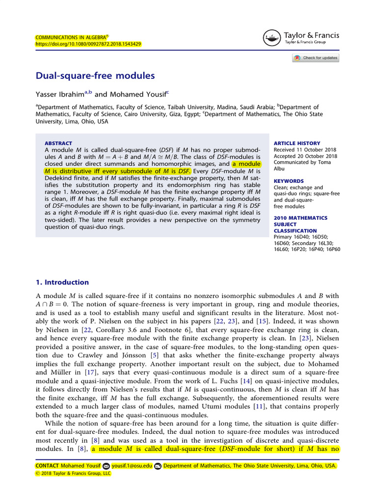 Dual Square Free Modules | PDF | Ring (Mathematics) | Module (Mathematics)