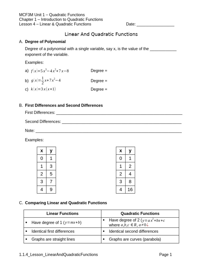 Linear and Quadratic Functions | PDF