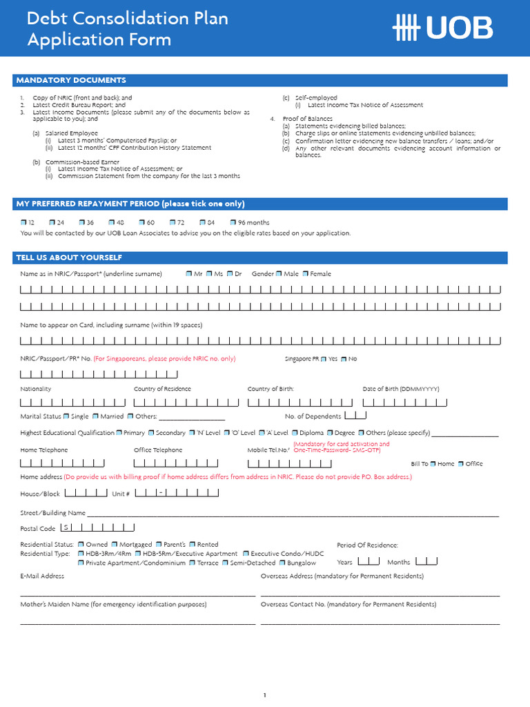 Uob Consolidation App Form Online v5 | PDF | Debt | Unsecured Debt