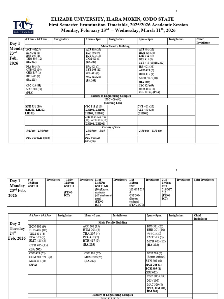 Draft - 25 - 26 - First Semester Exam Timetable | PDF