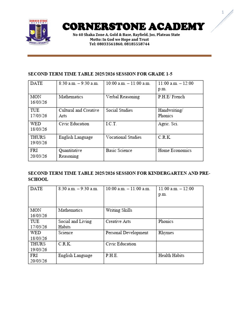 Exam Second Term Time Table 2025 2026 | PDF