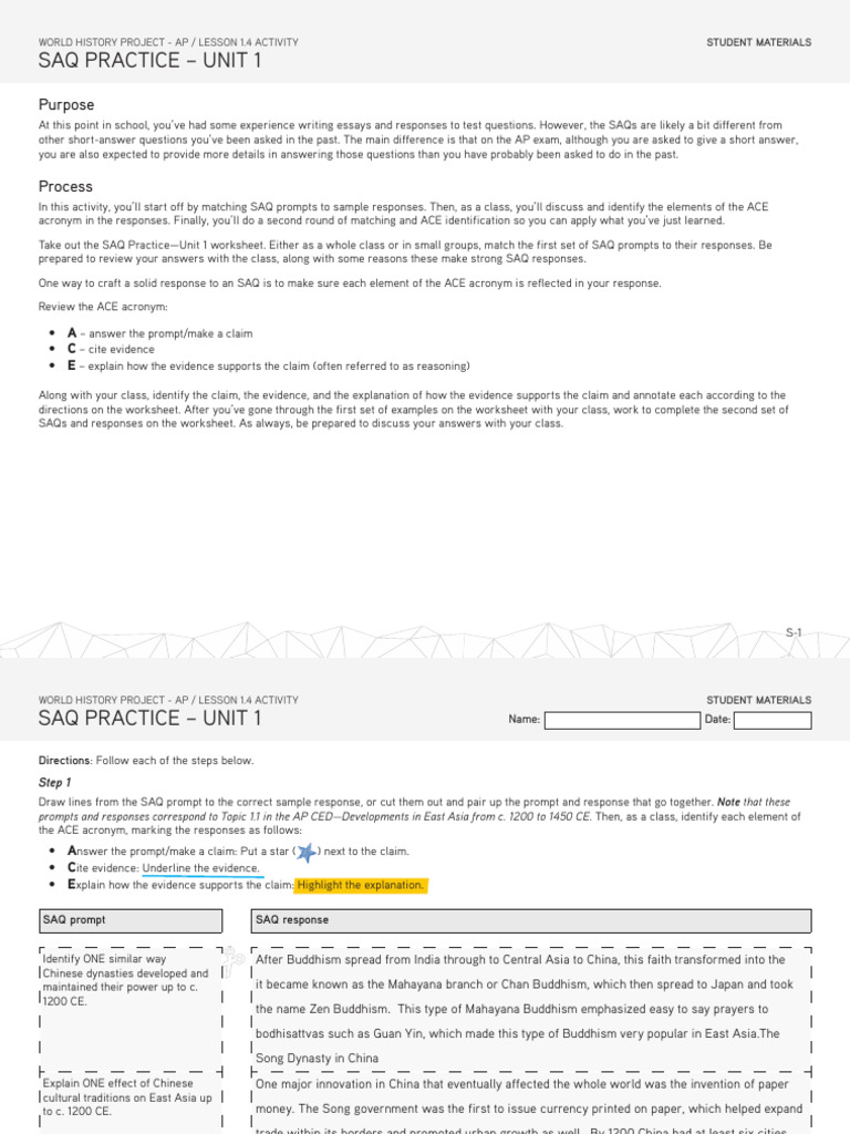 WHP-AP 1-4-8 Activity - SAQ Practice - Unit 1 Student | PDF
