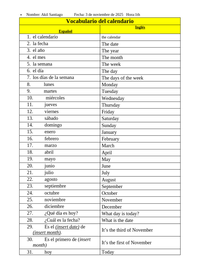CalendarVocabularyforStudentstoTranslate-1 2 | PDF