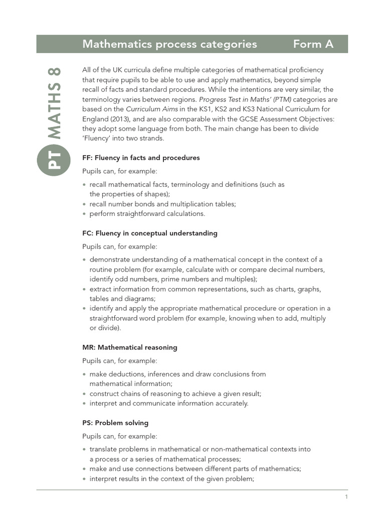 Mathematics Process Categories Form A: Progress Test in Maths' (PTM ...