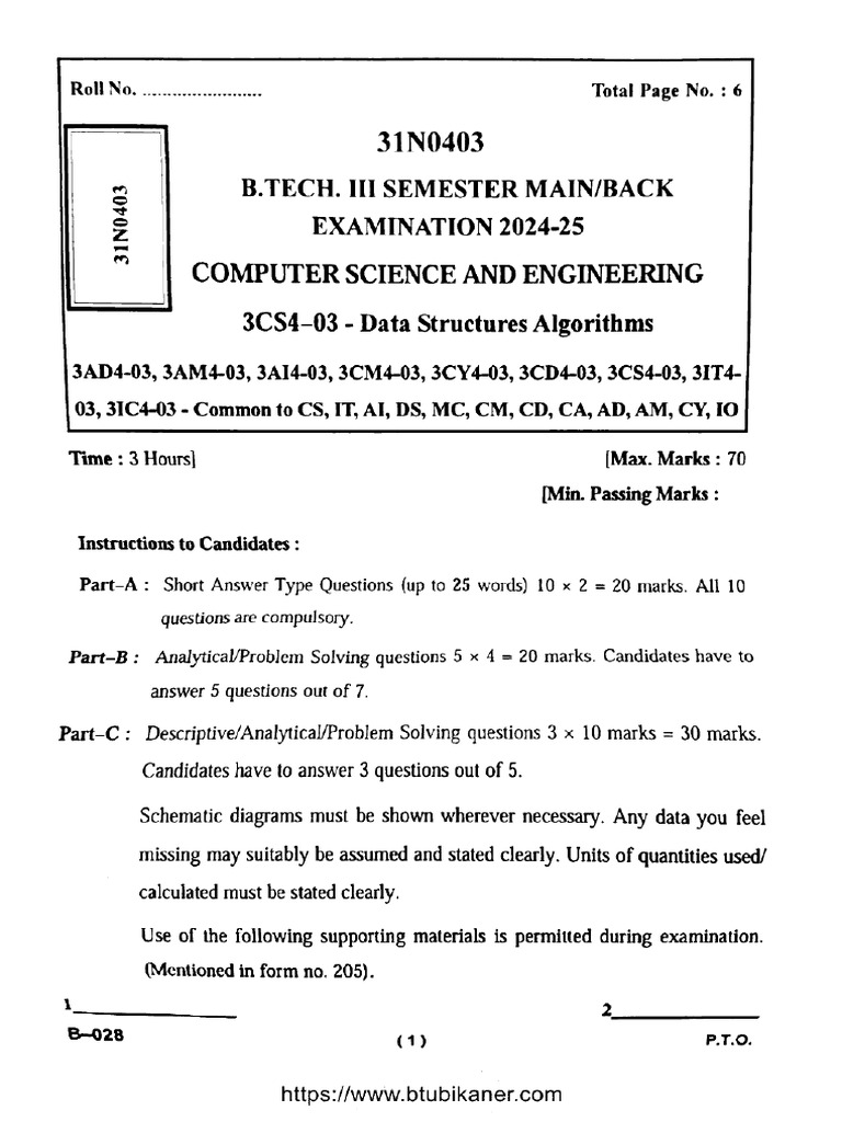 Btech Cs It 3 Sem Data Structures Algorithms 31n0403 2025 | PDF