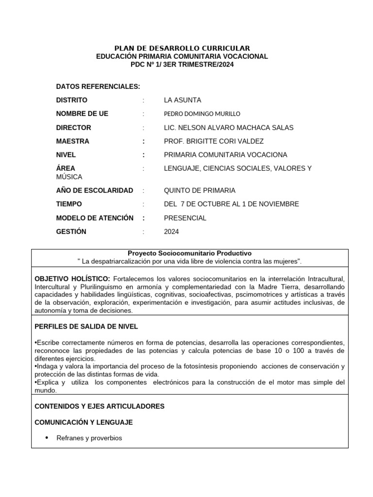 PDC 5to LENGUAJE VALORES SOCIALES MUSICA | PDF | Educación primaria ...
