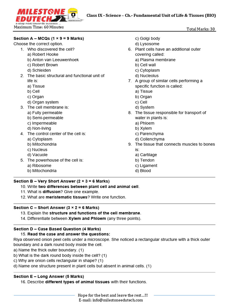 Test CH 5 and Ch6 Science Final Exam | PDF | Tissue (Biology) | Cell ...