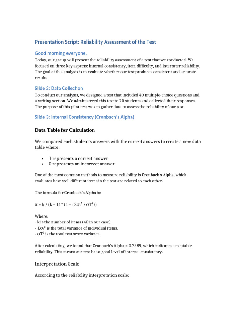 Reliability Assessment Report | PDF | Internal Consistency | Cronbach's ...