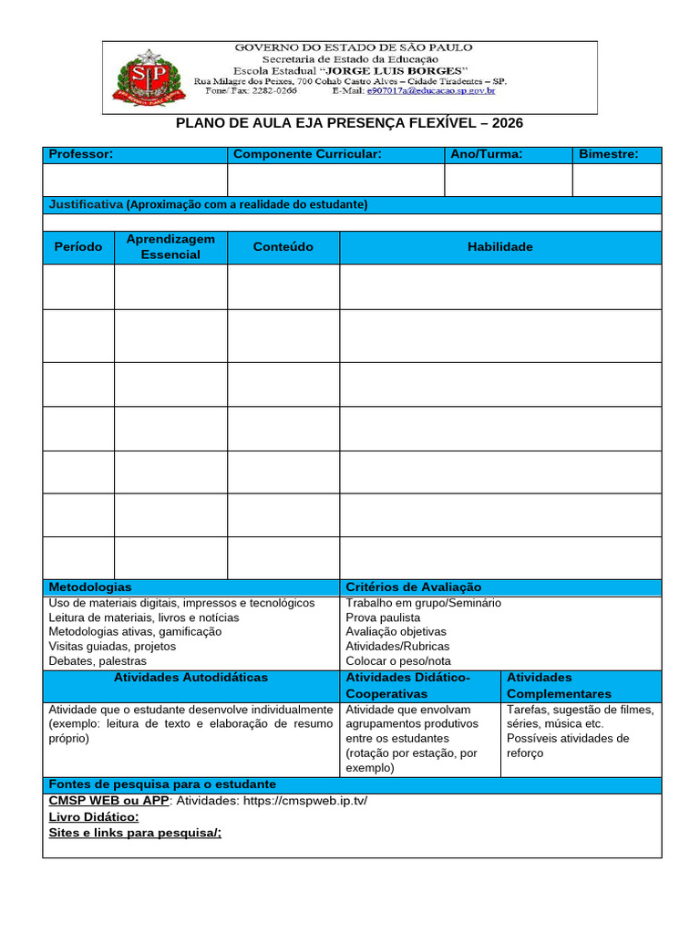 Modelo de Plano de Aula 2026 | PDF