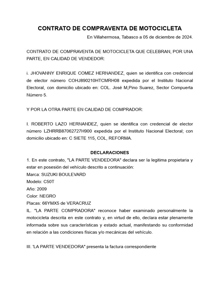 Contrato de Compraventa de Motocicleta | PDF