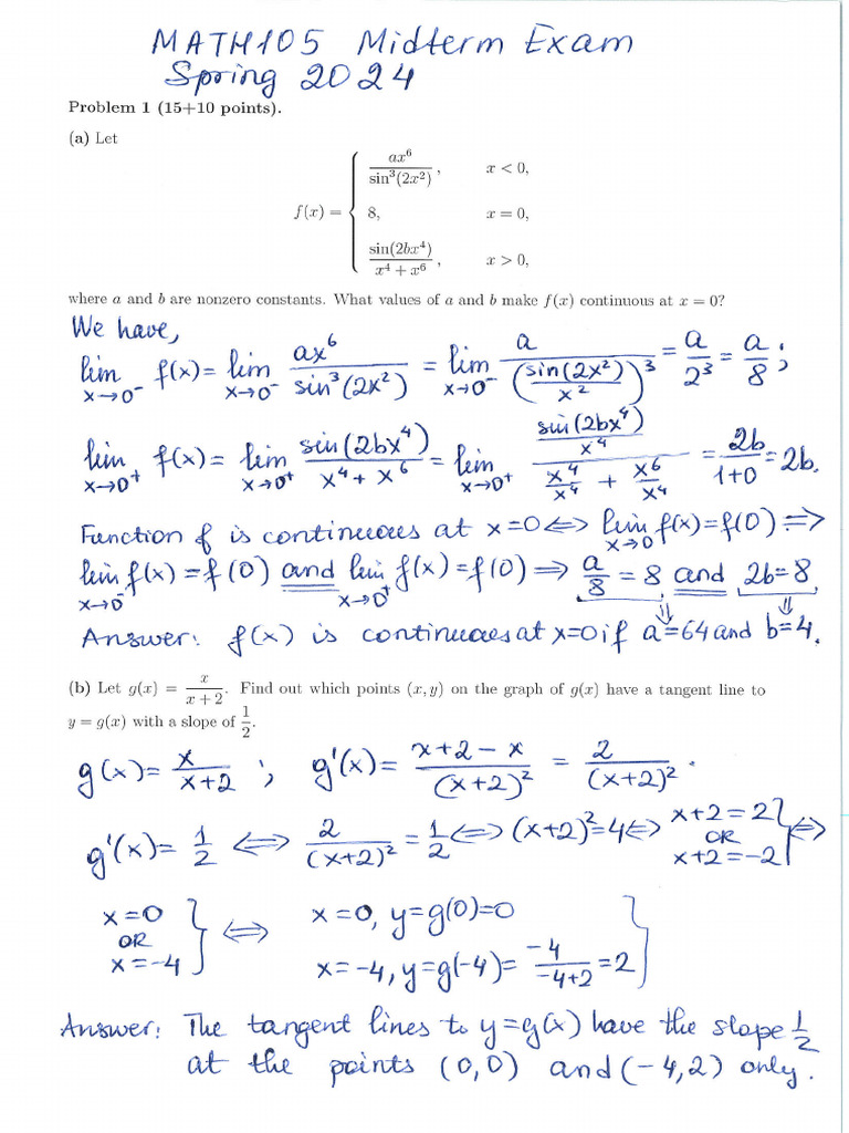Math 105 2024 Spring MT Solutions | PDF