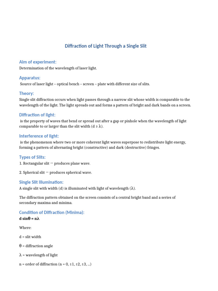 Diffraction Single Slit Notes | PDF