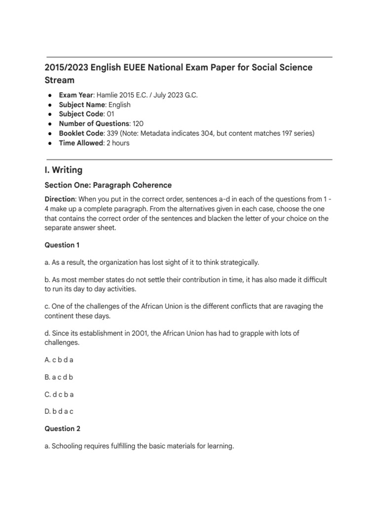English Entrance Exam Paper Analysis-1 | PDF | Big Bang | Wife