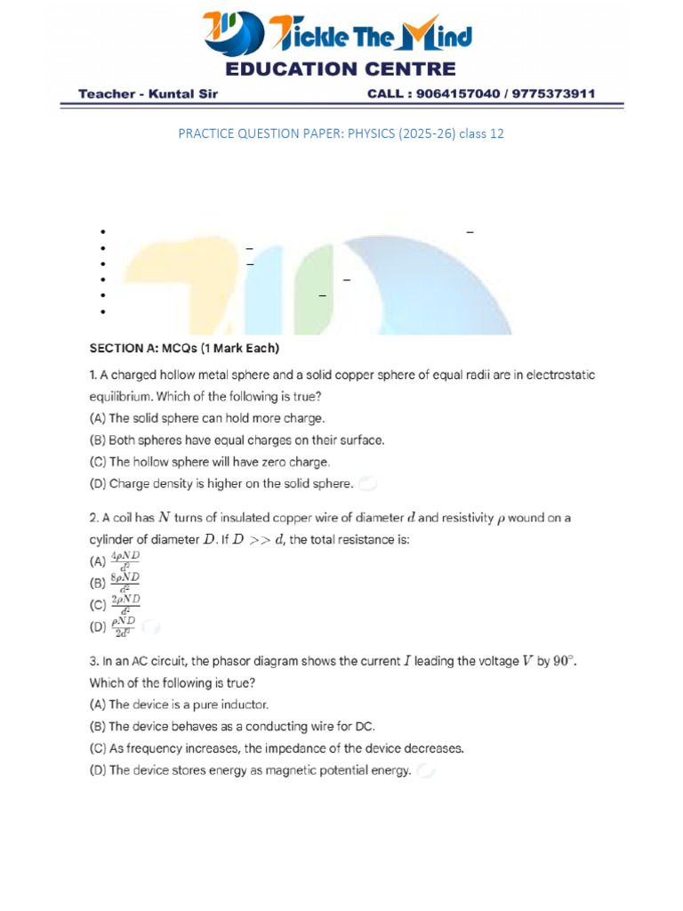Practice Question Paper Physics (2025-26) Class 12 | PDF
