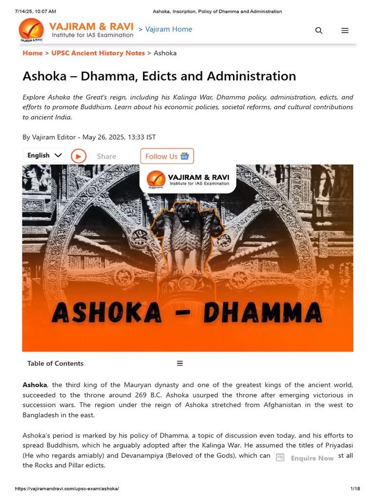 Ashoka, Inscription, Policy of Dhamma and Administration | PDF | Ashoka