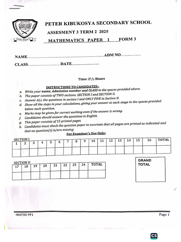 Math Paper Form 3 | PDF