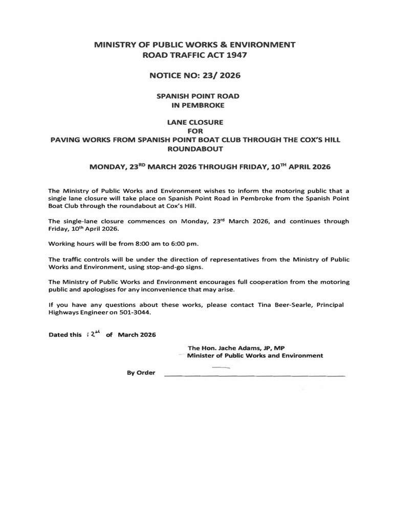 RTN # 23.2026 Lane Closure Spanish Point Road For Paving | PDF