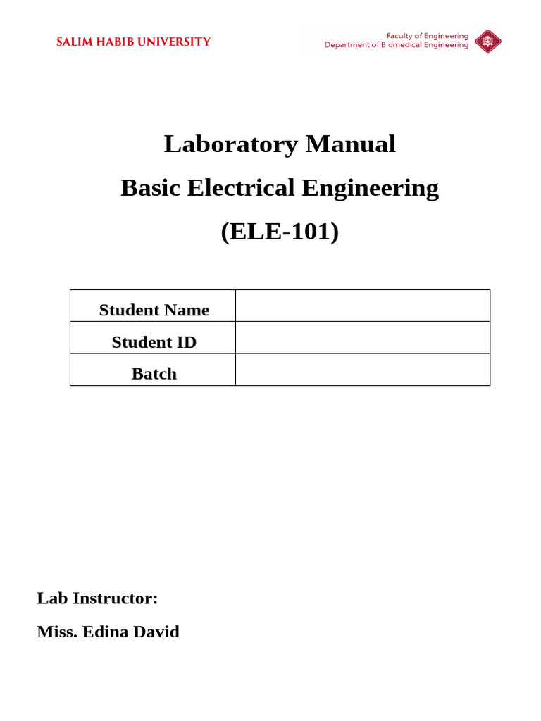 BEE Lab Manual Title Page | PDF