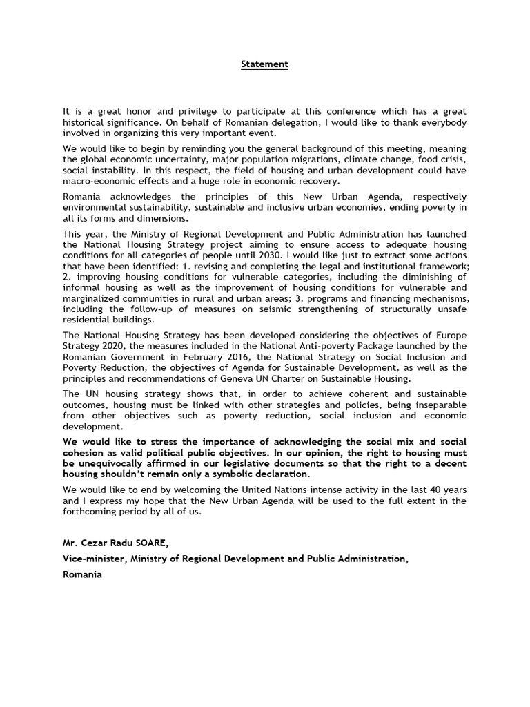 Statement of Romania in English | PDF | Sustainability | Poverty Reduction
