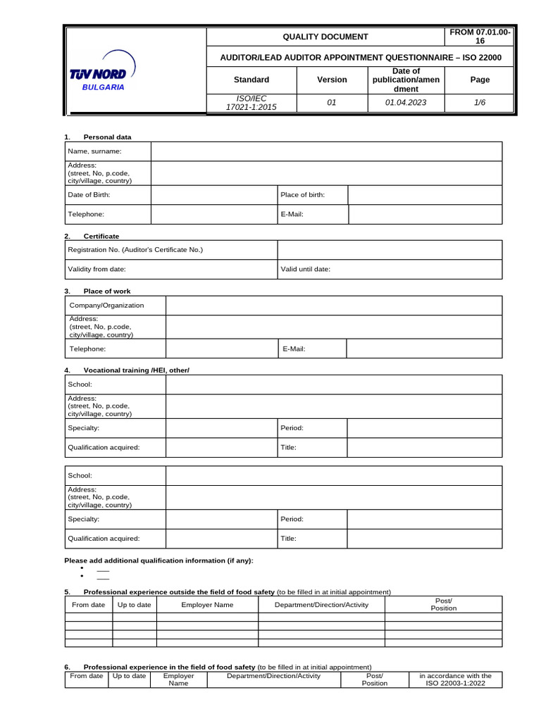 TNBG - Od070100 16 Auditor Appointment Questionnaire 22000 - en ...