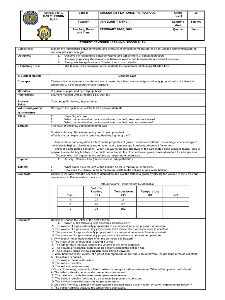 Charles Law - Lesson Plan | PDF | Gases | Temperature