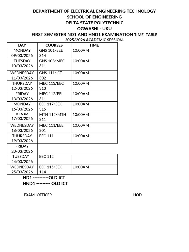 Nd1 & Hnd1 Exam Time Table 2025-2026 - 1 | PDF