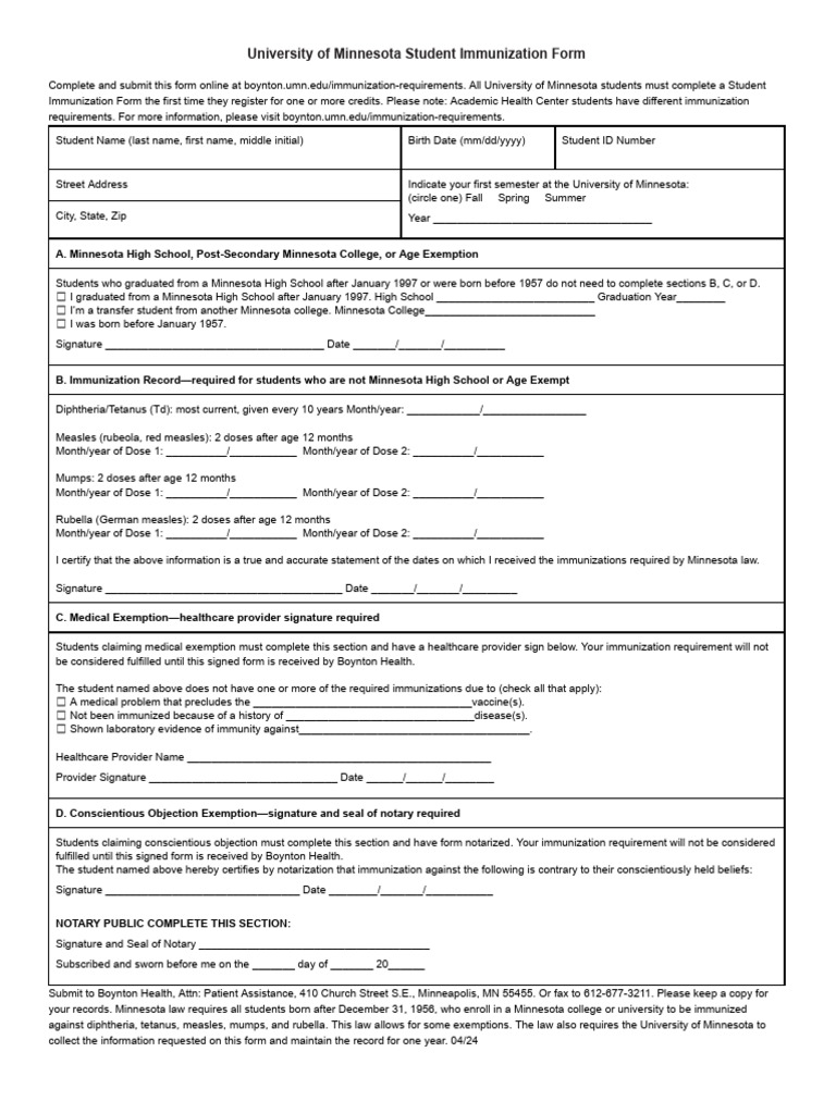 Student Immunization Form 4-2024 | PDF | Measles | Medical Specialties