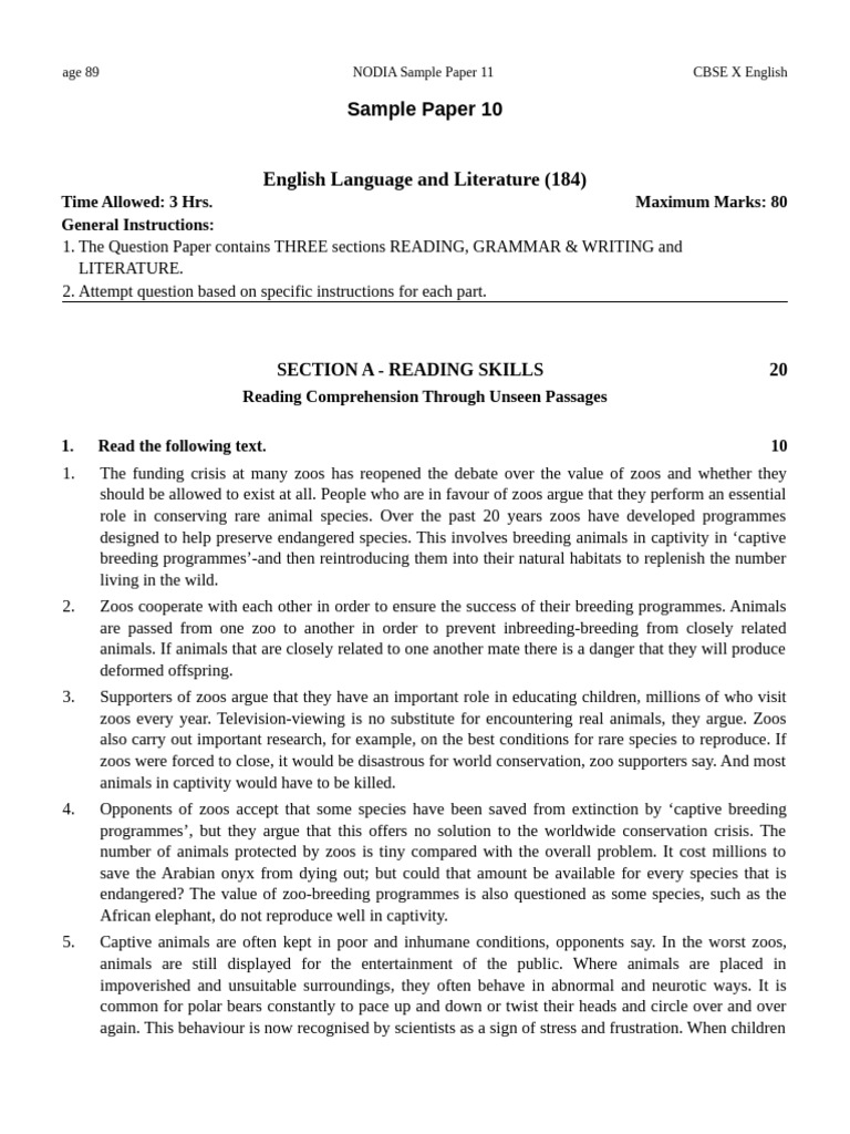 Updated English Sample Paper | PDF | Zoo