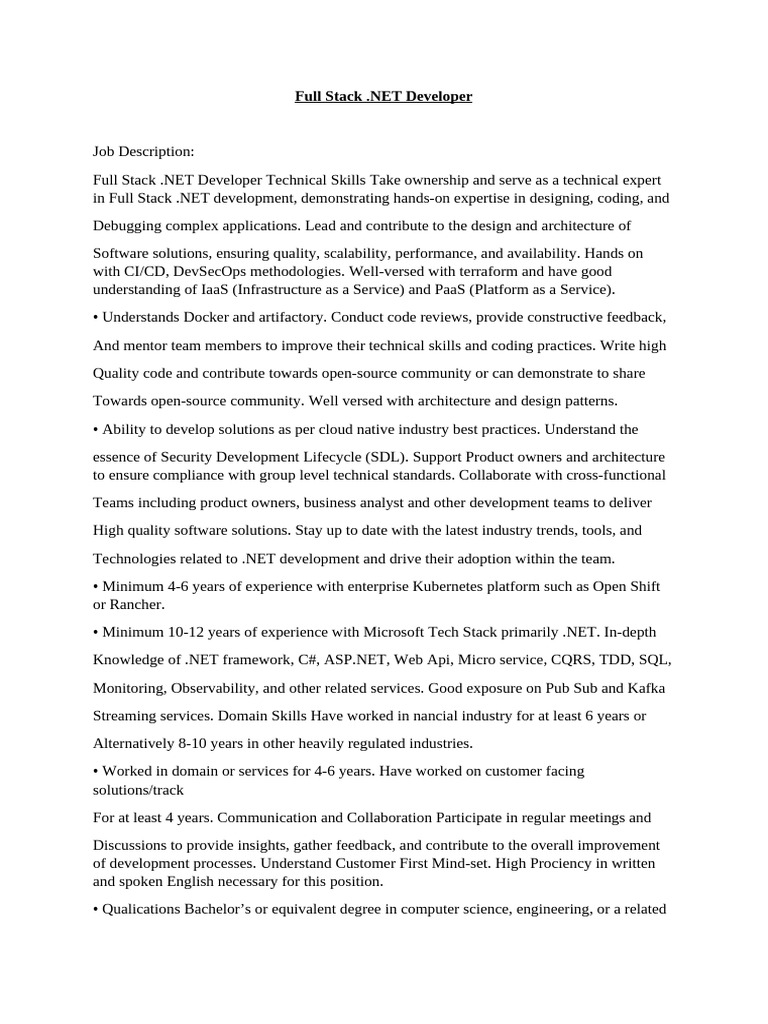 Full Stack Dot Net Developer JD | PDF | Cloud Computing | Systems ...
