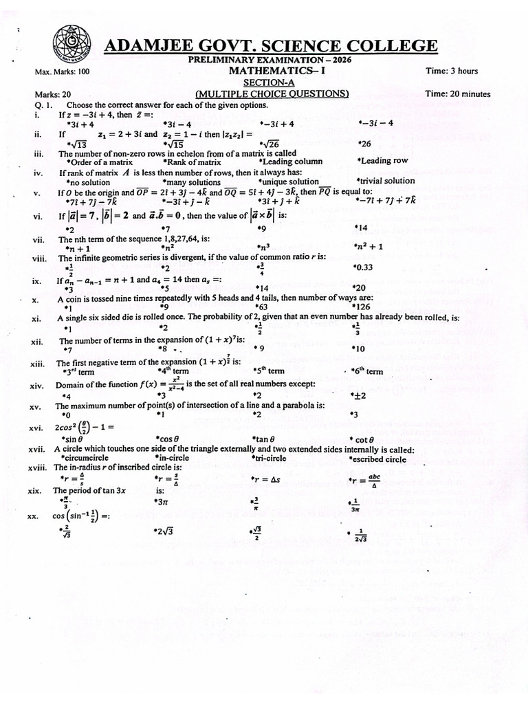 XI-Mathematics Paper 2026 | PDF