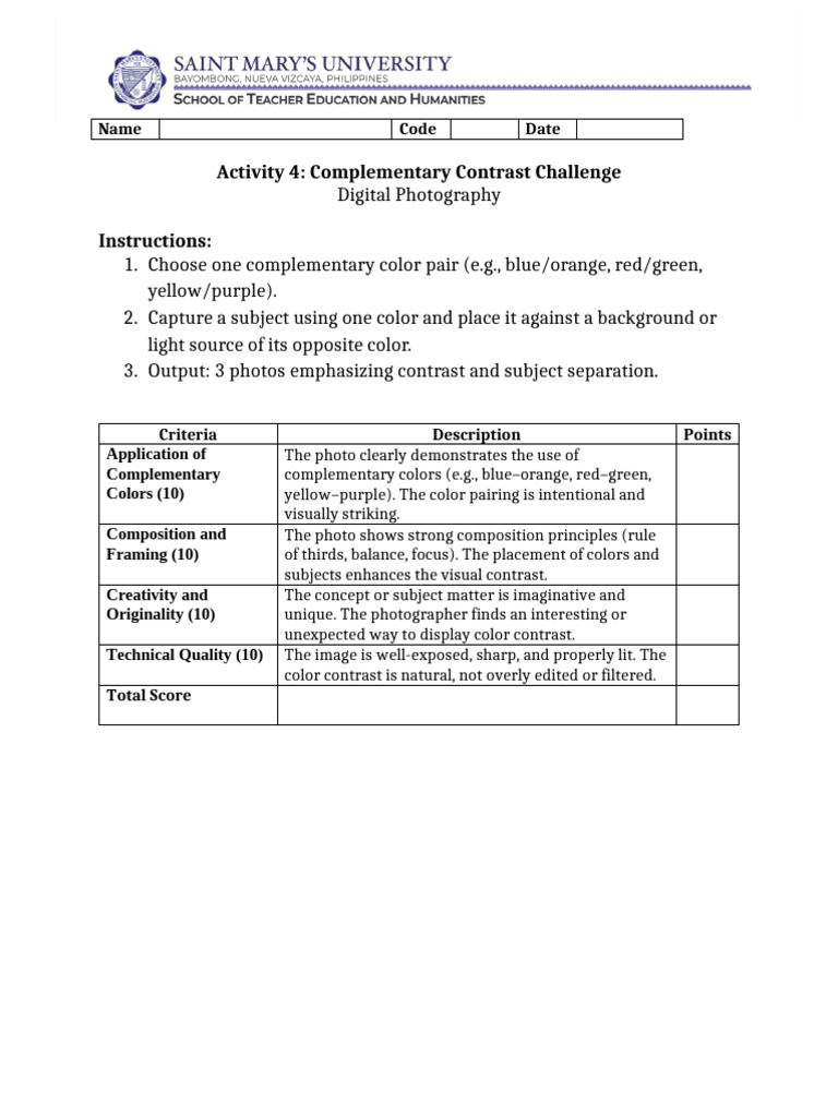 Activity 4 - Complementary Contrast Challenge | PDF