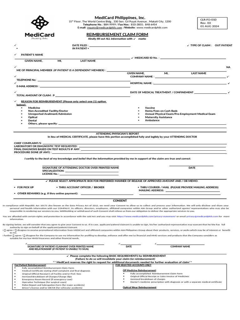 Medicard Reimbursement Claim Form - New - Eff2024.08.01 | PDF ...