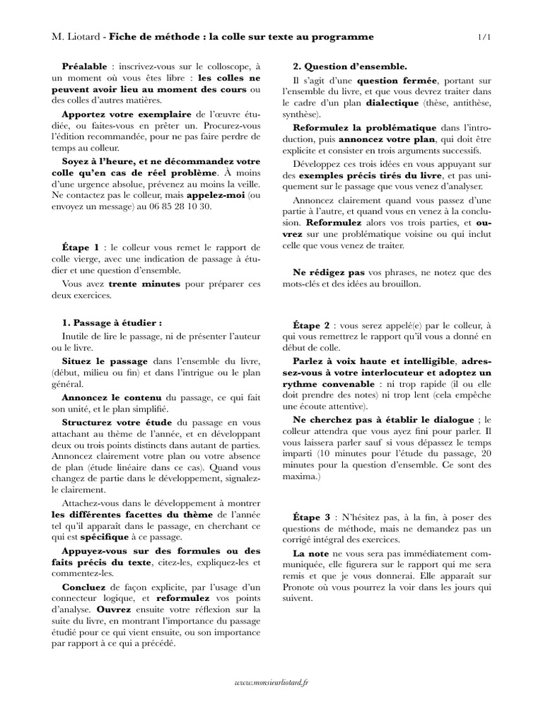 Fiche de Méthode - La Colle Sur Texte Au Programme | PDF