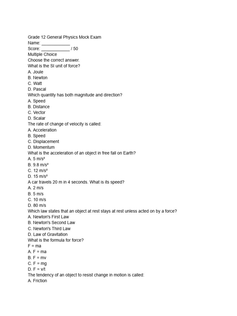 Grade 12 General Physics Mock Exam | PDF | Force | Momentum